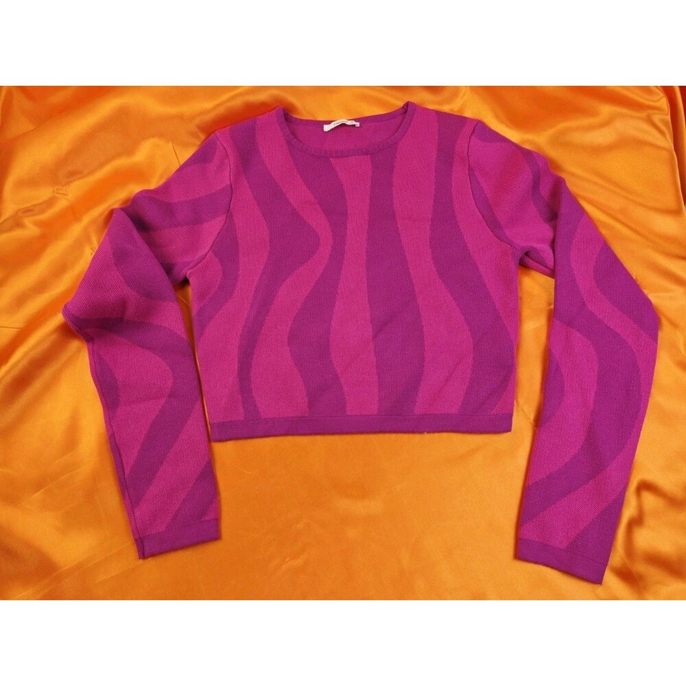 Women's Pink & Purple Swirl Wavy Print Cropped Knit Sweater